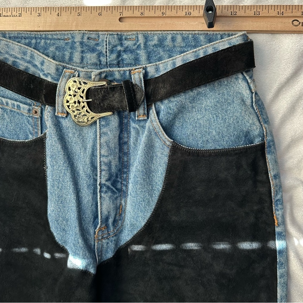 Vintage 80's PEPE Suede Chaps Patchwork Denim Jeans w/ Belt Jrs 7/8 Women’s 0/2 - Picture 6 of 11